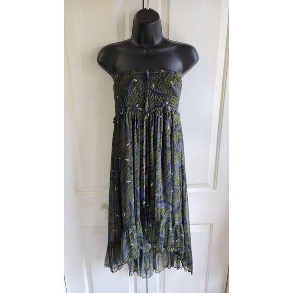 Lapis Women Strapless Sundress L Green Boho Leaf Print High Low Chiffon Festival - Picture 14 of 16